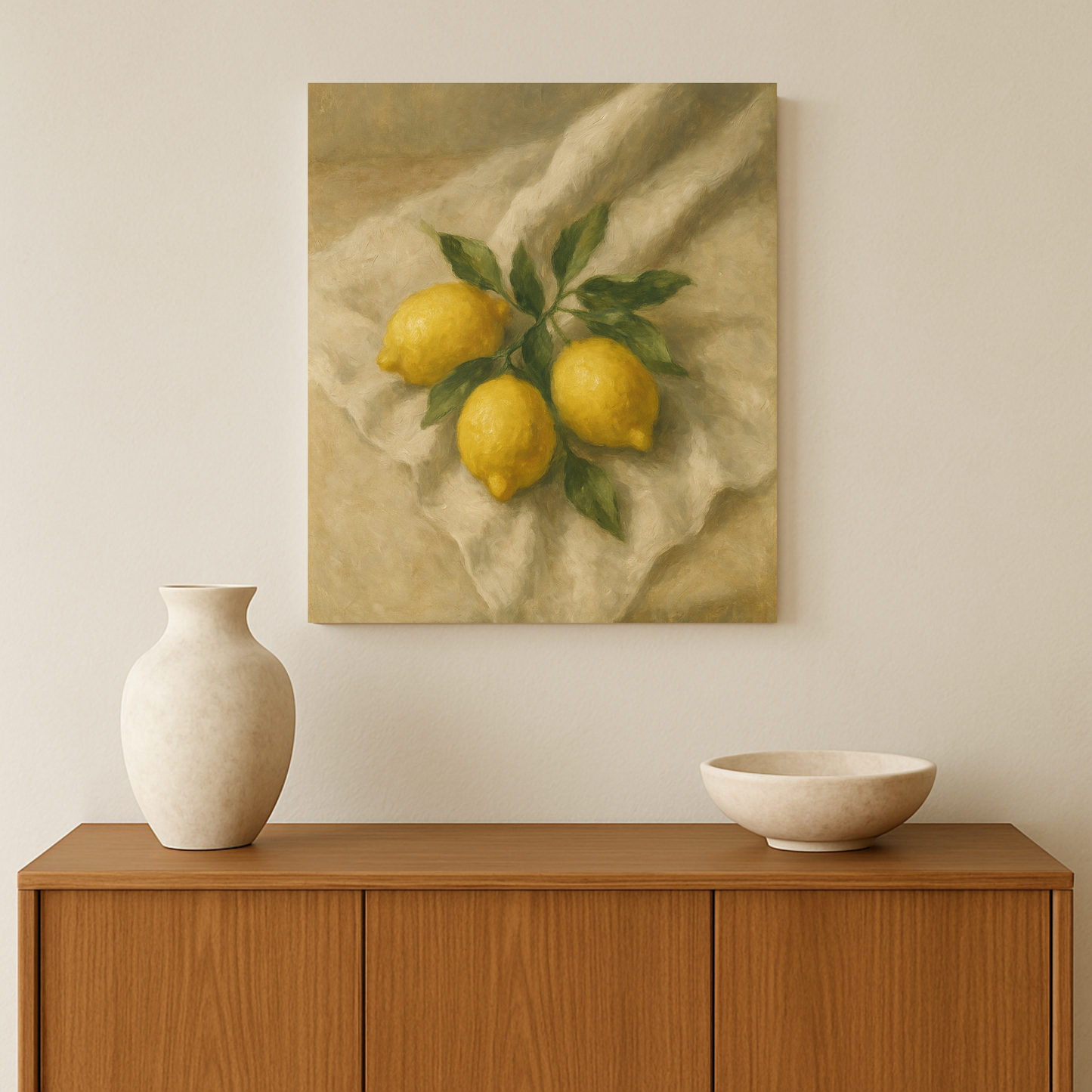 Framed artwork of lemons on a wall above a wooden cabinet with a vase and bowl.
