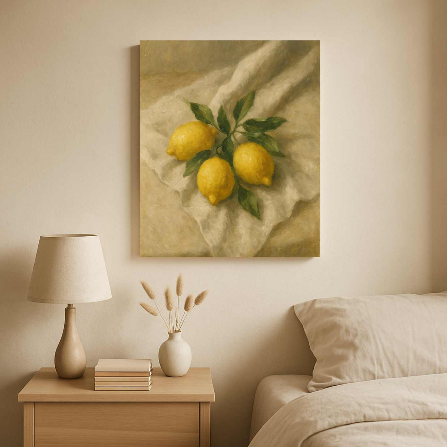 Bedroom interior with a painting of lemons on the wall, lamp, and books on a side table.