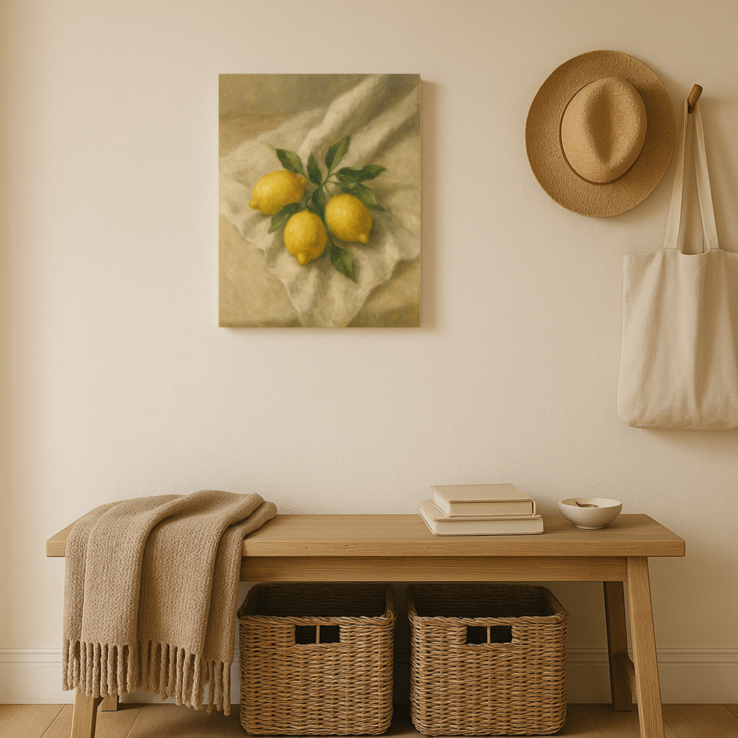 Entryway of a room with a wooden bench, woven baskets, a painting of lemons, a hat, and a bag.