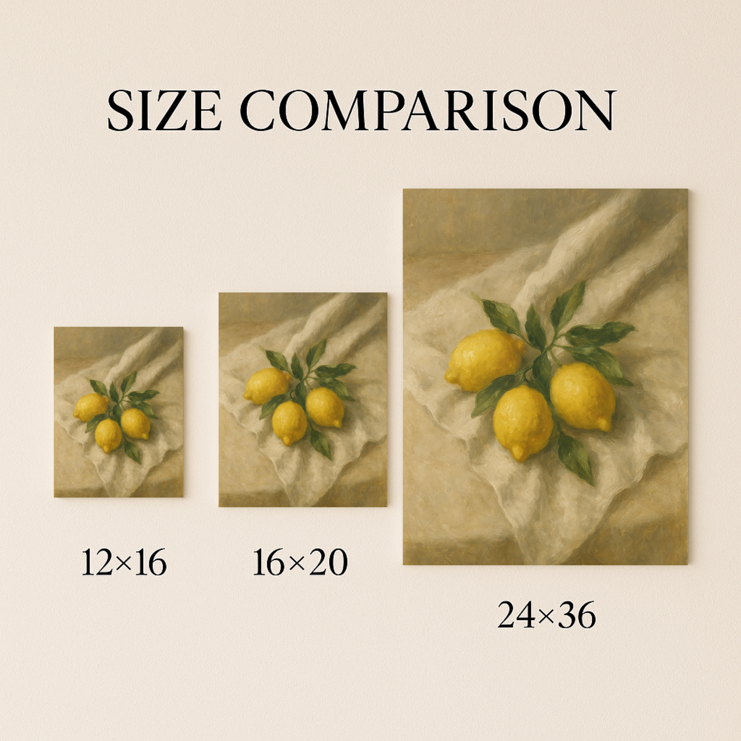 Size comparison chart of paintings with lemons on a beige background