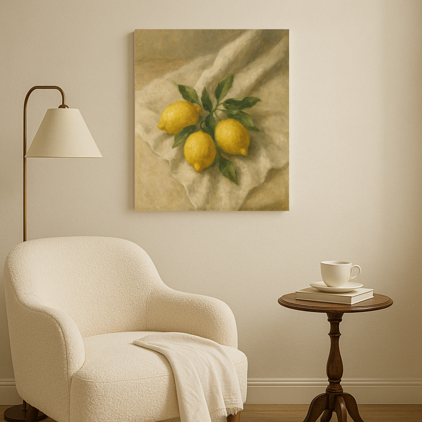 Living room with a beige armchair, wooden side table, and painting of lemons on the wall.