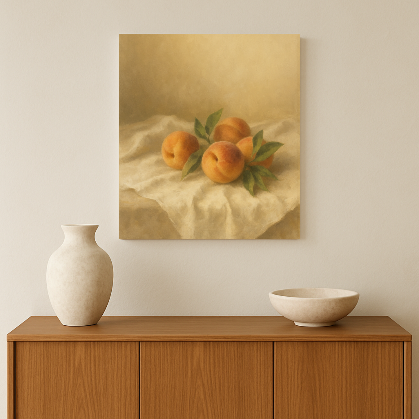 Peaches on linen canvas on a wall over, a vase and bowl on a wooden cabinet.