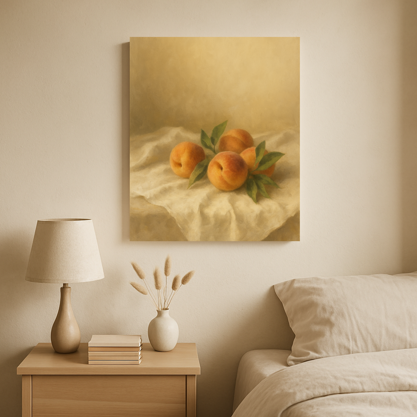 Bedroom interior with a painting of peaches on the wall, lamp, books, and vase.