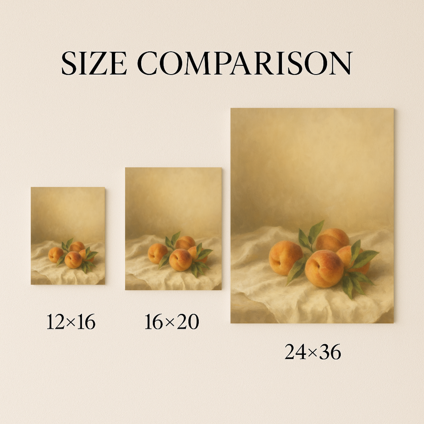 Size comparison of peaches on linen canvas in 12x16, 16x20, and 24x36.