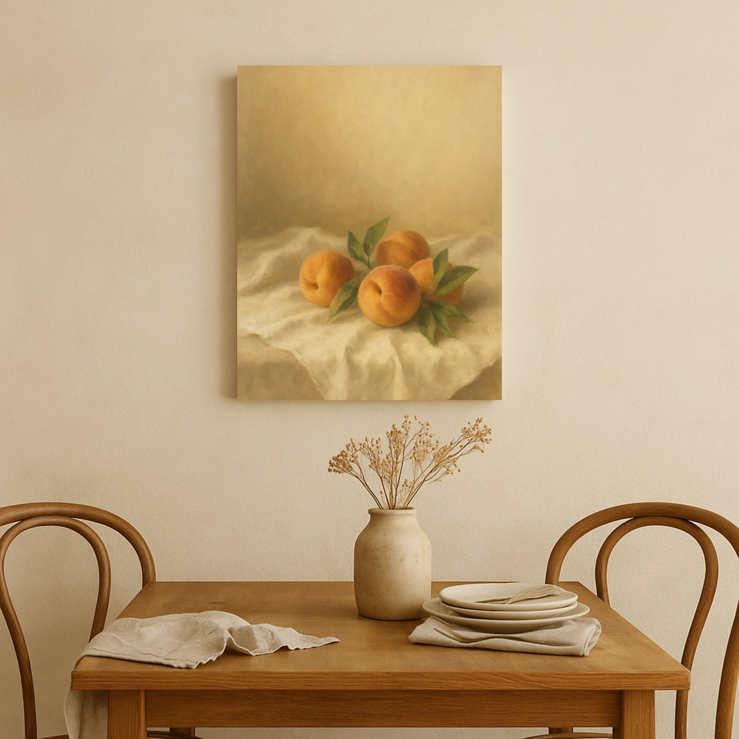 Dining room with a table set for two, a vase with flowers, and a painting of peaches on linen on the wall.