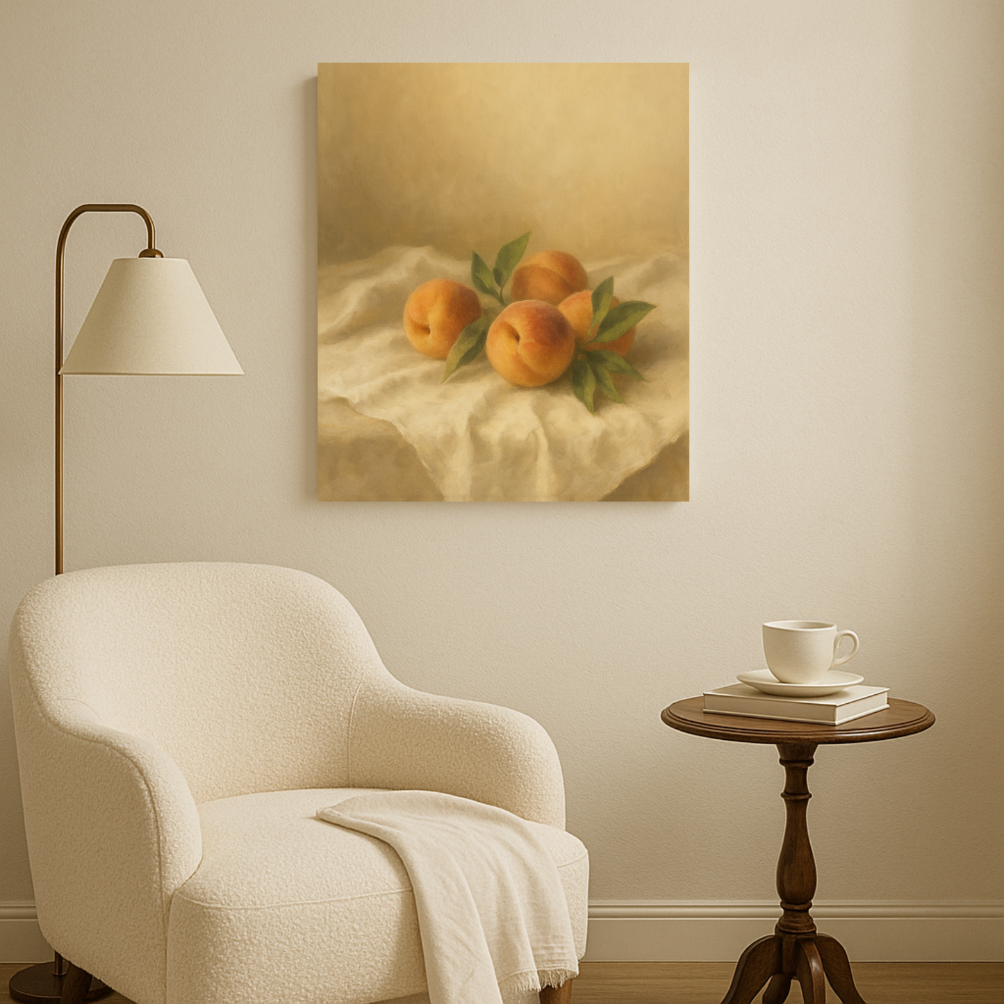 Living room with a beige armchair, wooden side table, and a painting of peaches on linen on the wall.