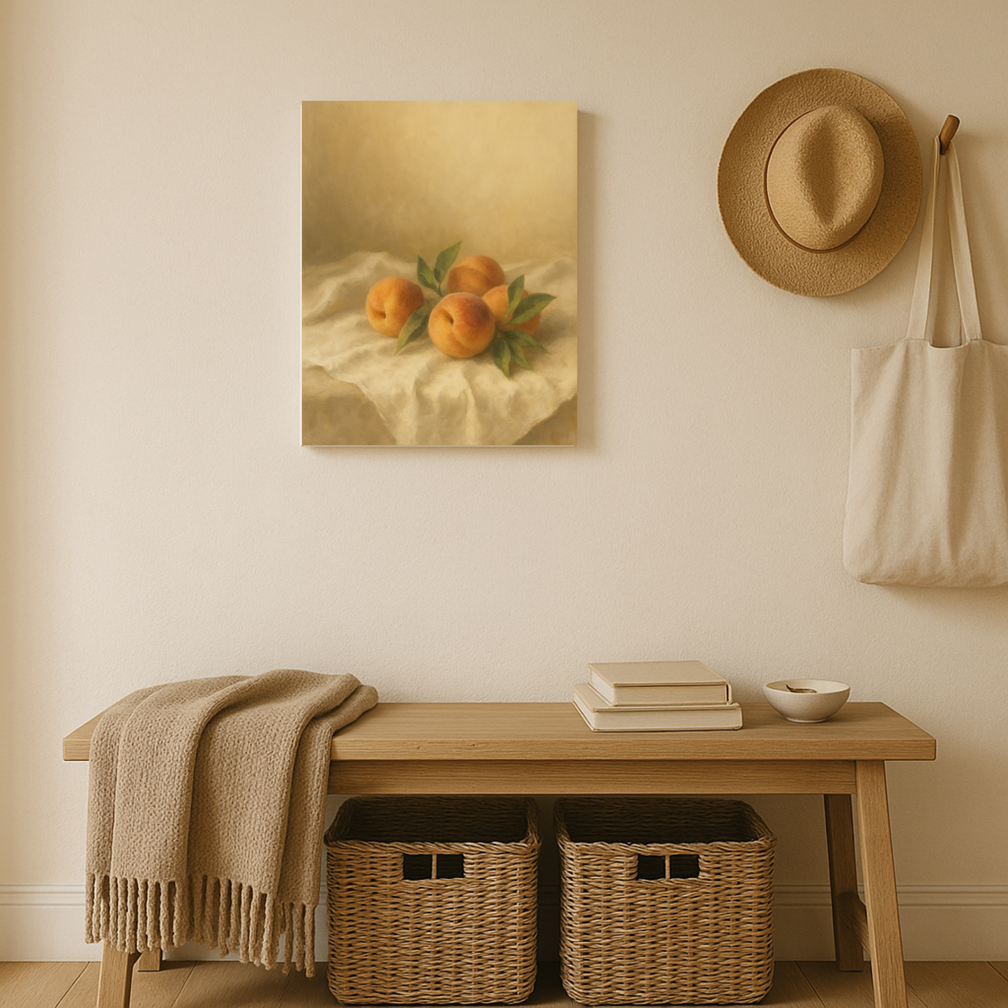 Entryway with a wooden bench, woven baskets, a painting of peaches, a hat, and a bag on a beige wall.