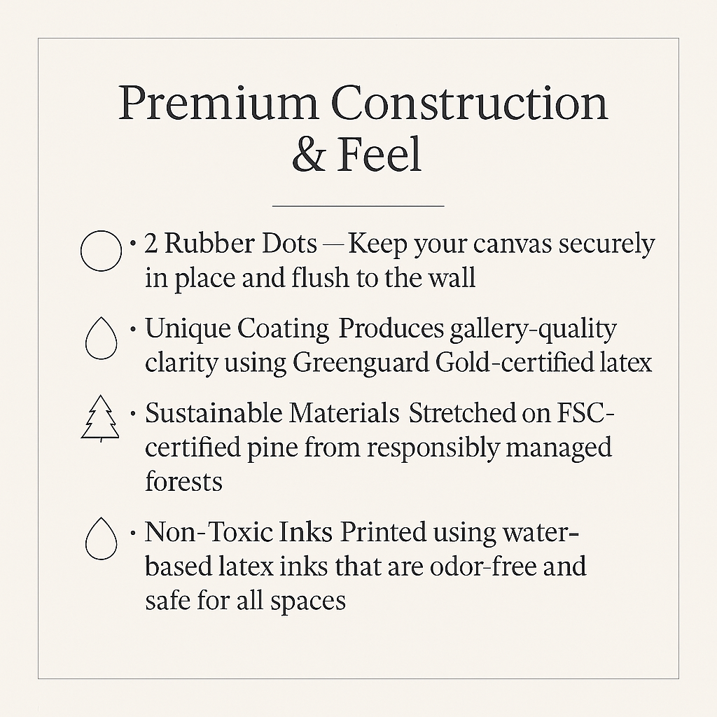 Text detailing features of premium construction and feel of a product, with icons and bullet points on a light gray background.
