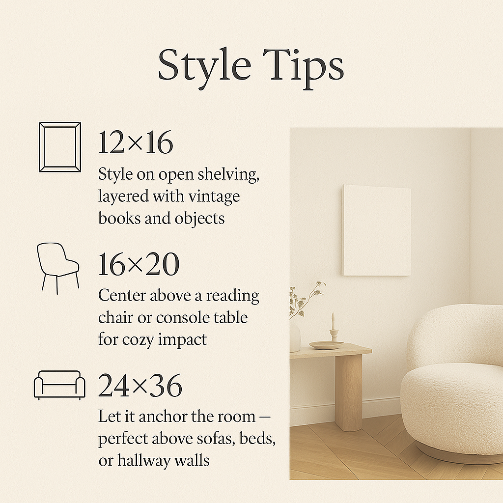 Room interior with a chair and sofa, featuring style tips for artwork dimensions.