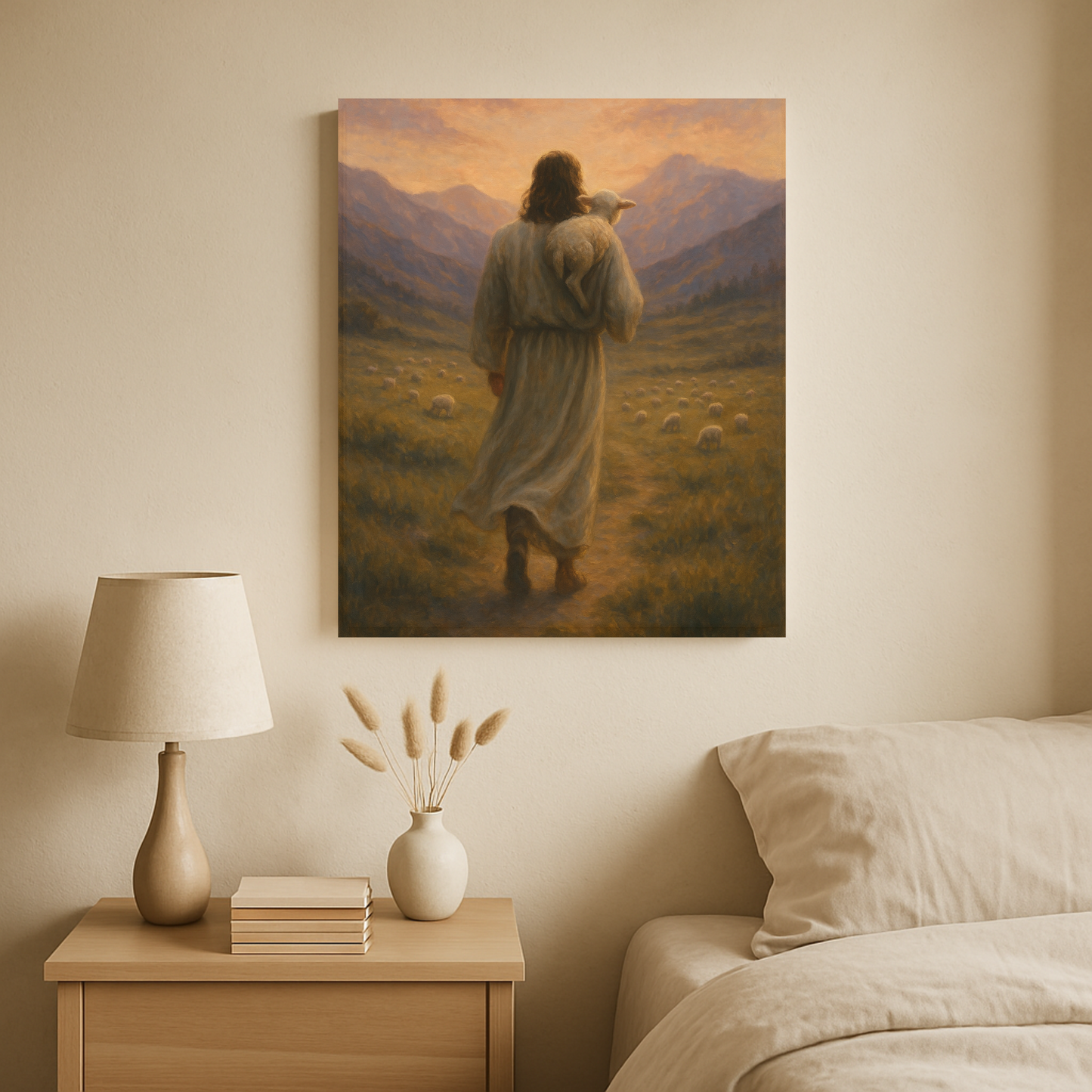 He Left the 99 canvas print of Jesus carrying a lamb – displayed in a bedroom.