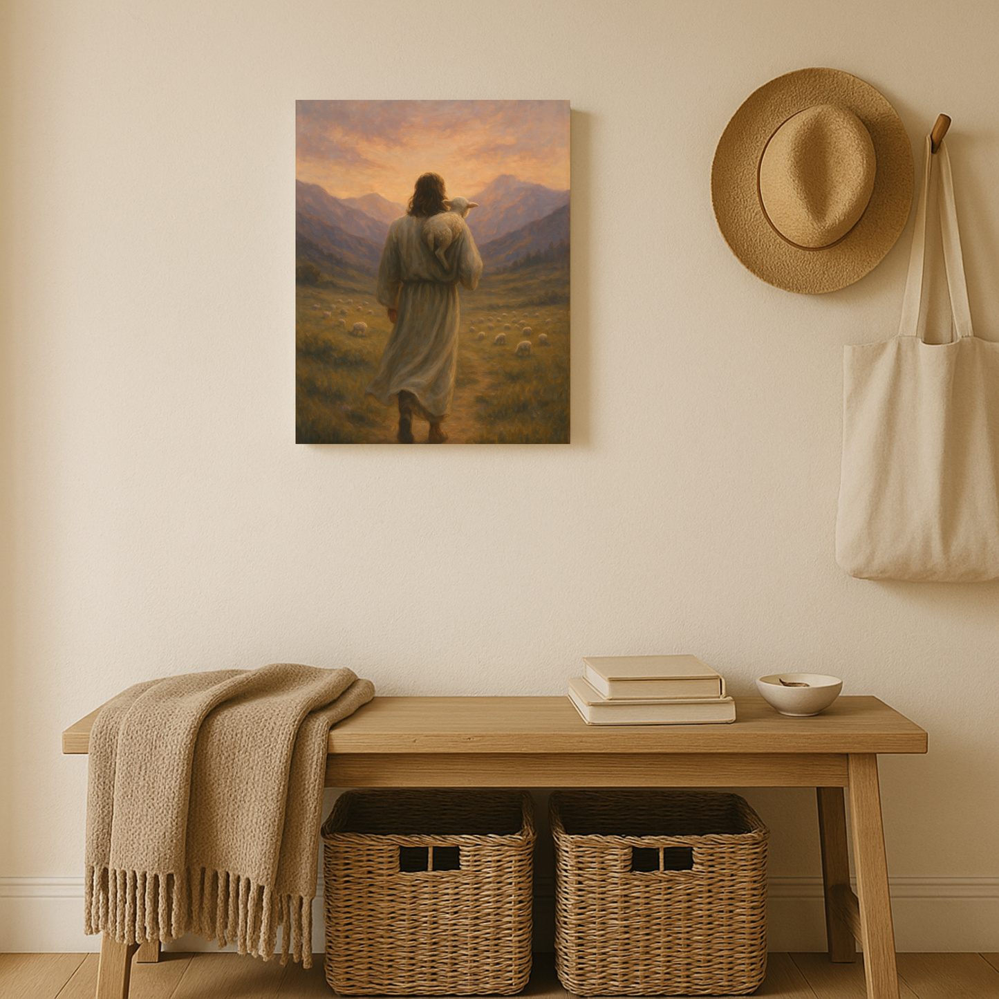 He Left the 99 canvas print of Jesus carrying a lamb – displayed in an entryway with a bench and woven baskets