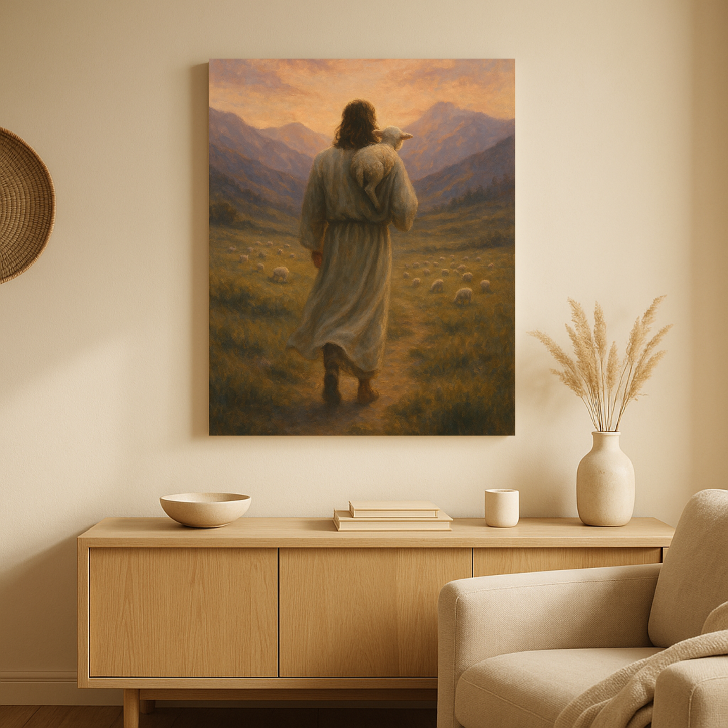 Jesus carrying a lamb canvas wall art – Good Shepherd Christian decor displayed in a living room.
