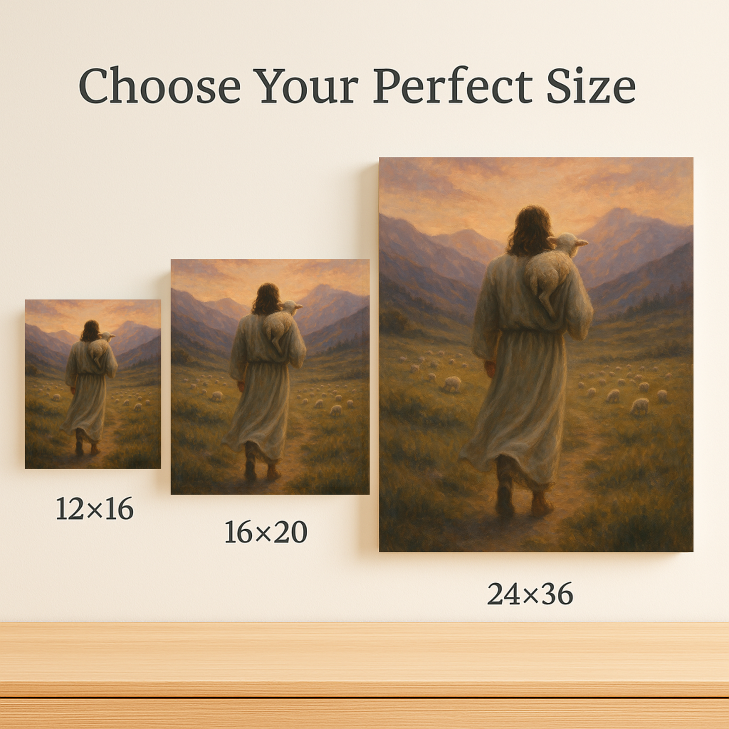 Size comparison of he left the 99 Jesus canvas. Shown in 12x16, 16x20, & 24x36.