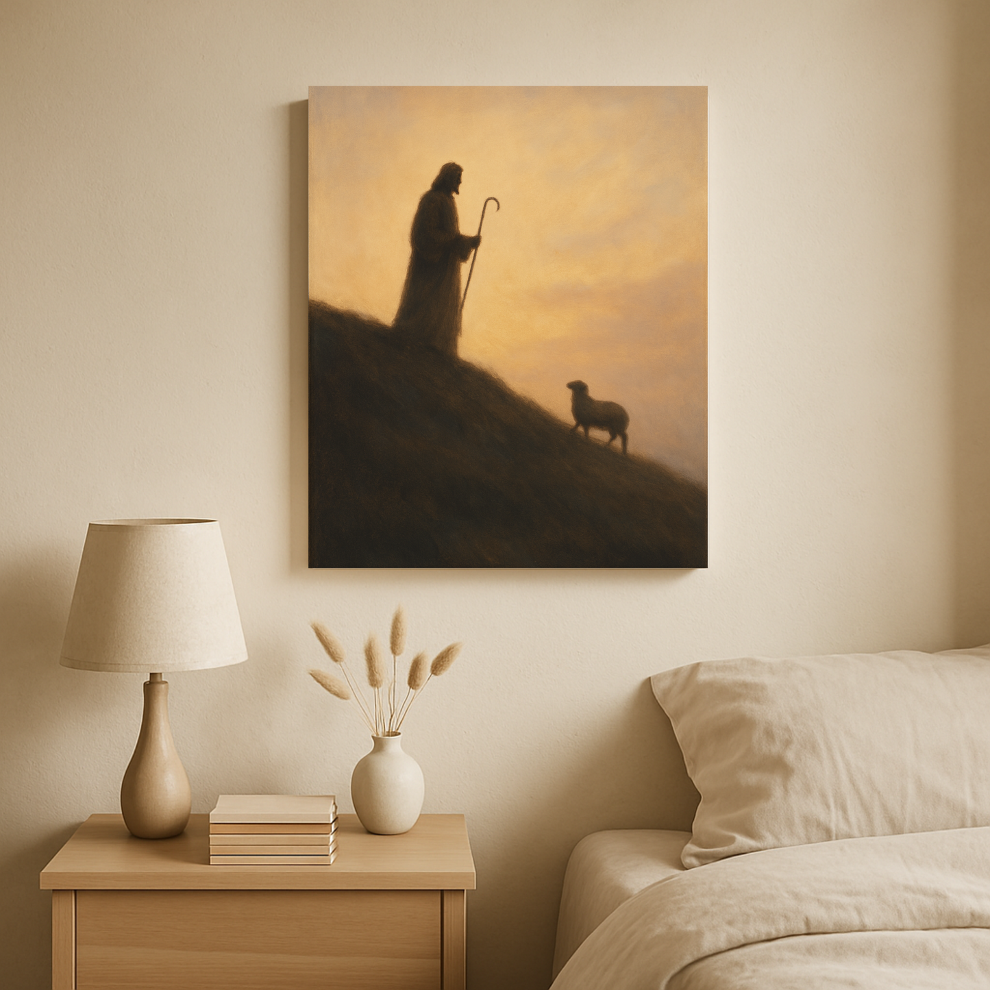 Jesus silhouette on a ridge with staff and lamb below – minimalist Good Shepherd canvas wall art displayed in a bedroom.