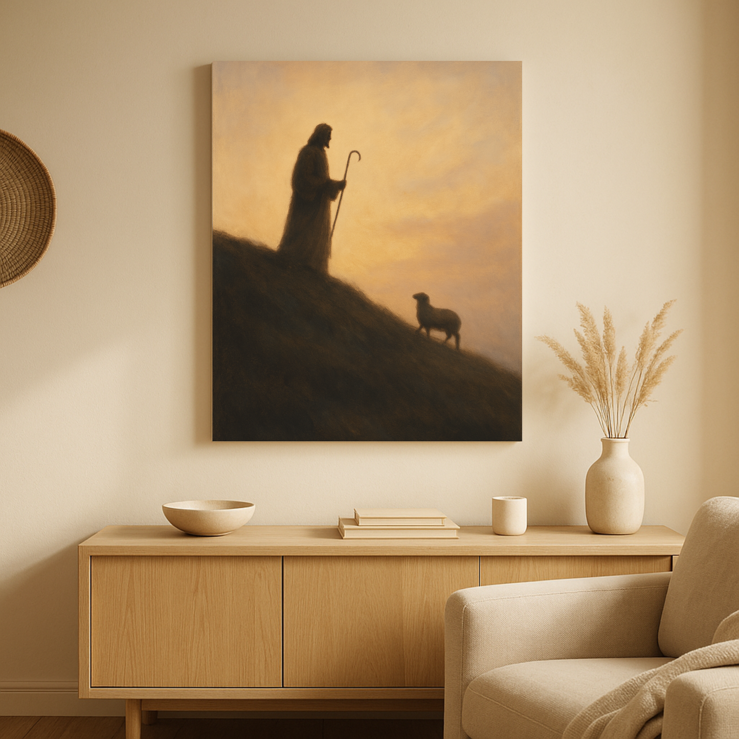 Jesus silhouette on a ridge with staff and lamb below – minimalist Good Shepherd canvas wall art displayed in a living room.