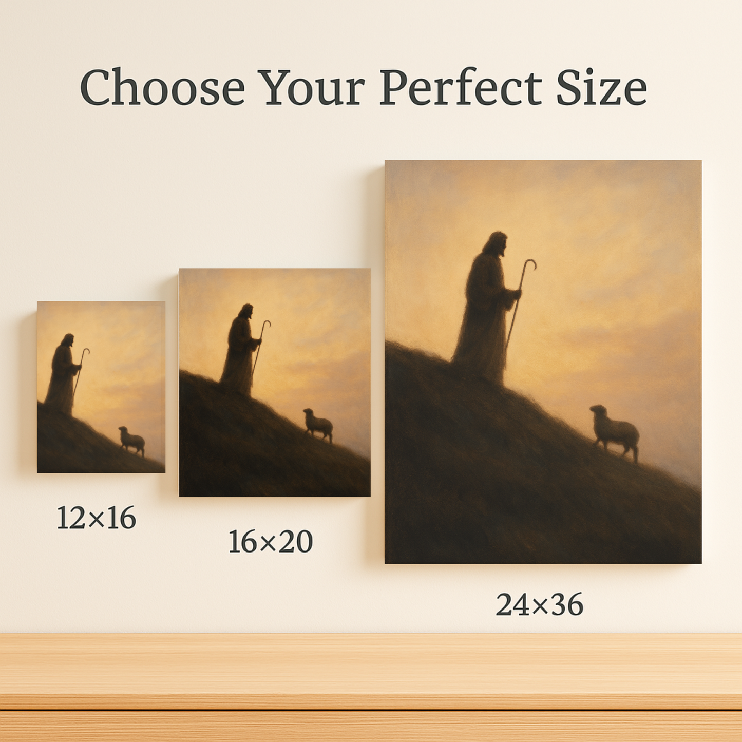Showing Jesus silhouette on a ridge with staff and lamb below – minimalist Good Shepherd canvas wall art in 12x16, 16x20, & 24x36.