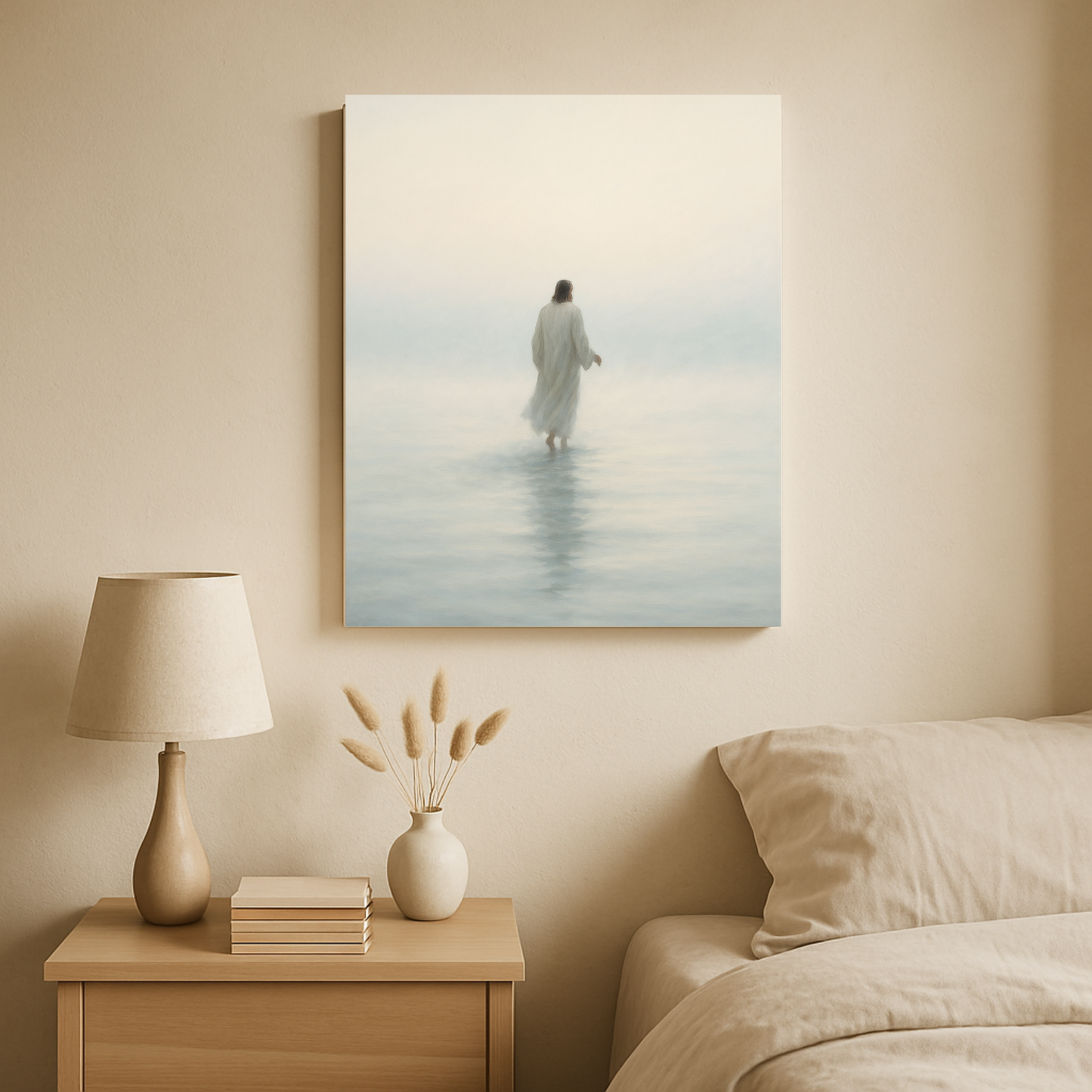 Jesus walking on calm water at dawn – minimalist Christian canvas wall art with misty light displayed in a bedroom