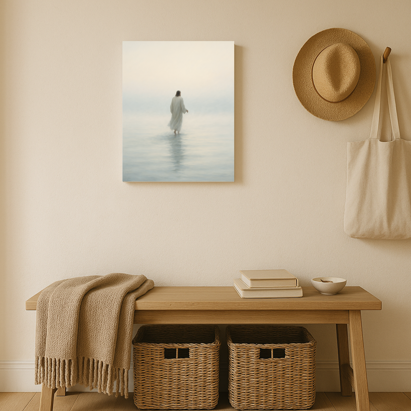 Jesus walking on calm water at dawn – minimalist Christian canvas wall art with misty light displayed in an entryway.