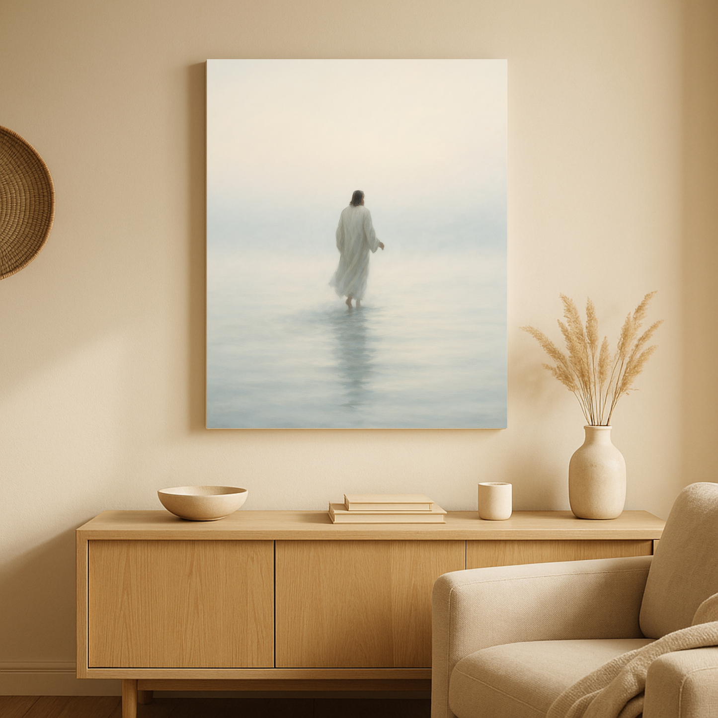 Jesus walking on calm water at dawn – minimalist Christian canvas wall art with misty light displayed in a living room.