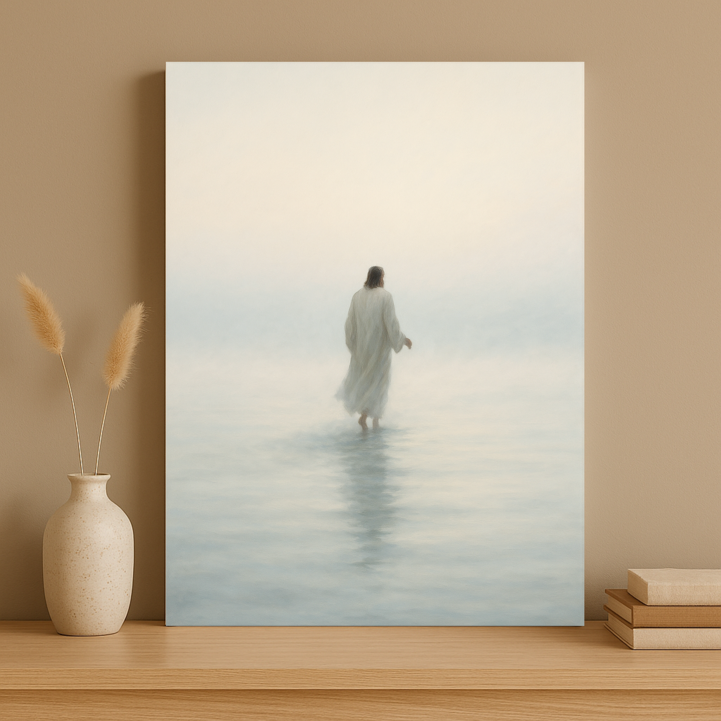 Jesus walking on calm water at dawn – minimalist Christian canvas wall art with misty light