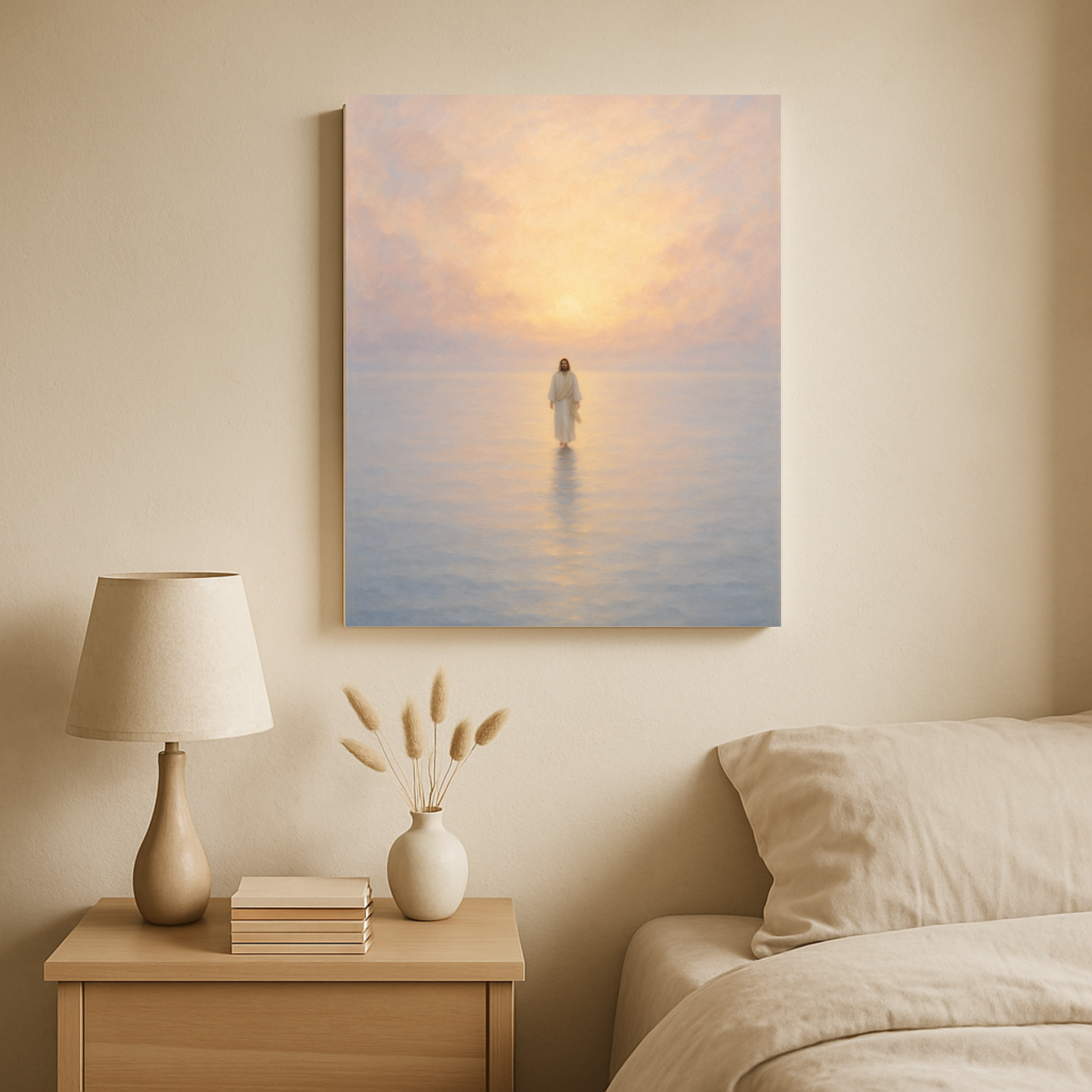 A peaceful Christian canvas of Jesus walking on water at dawn displayed in a bedroom.