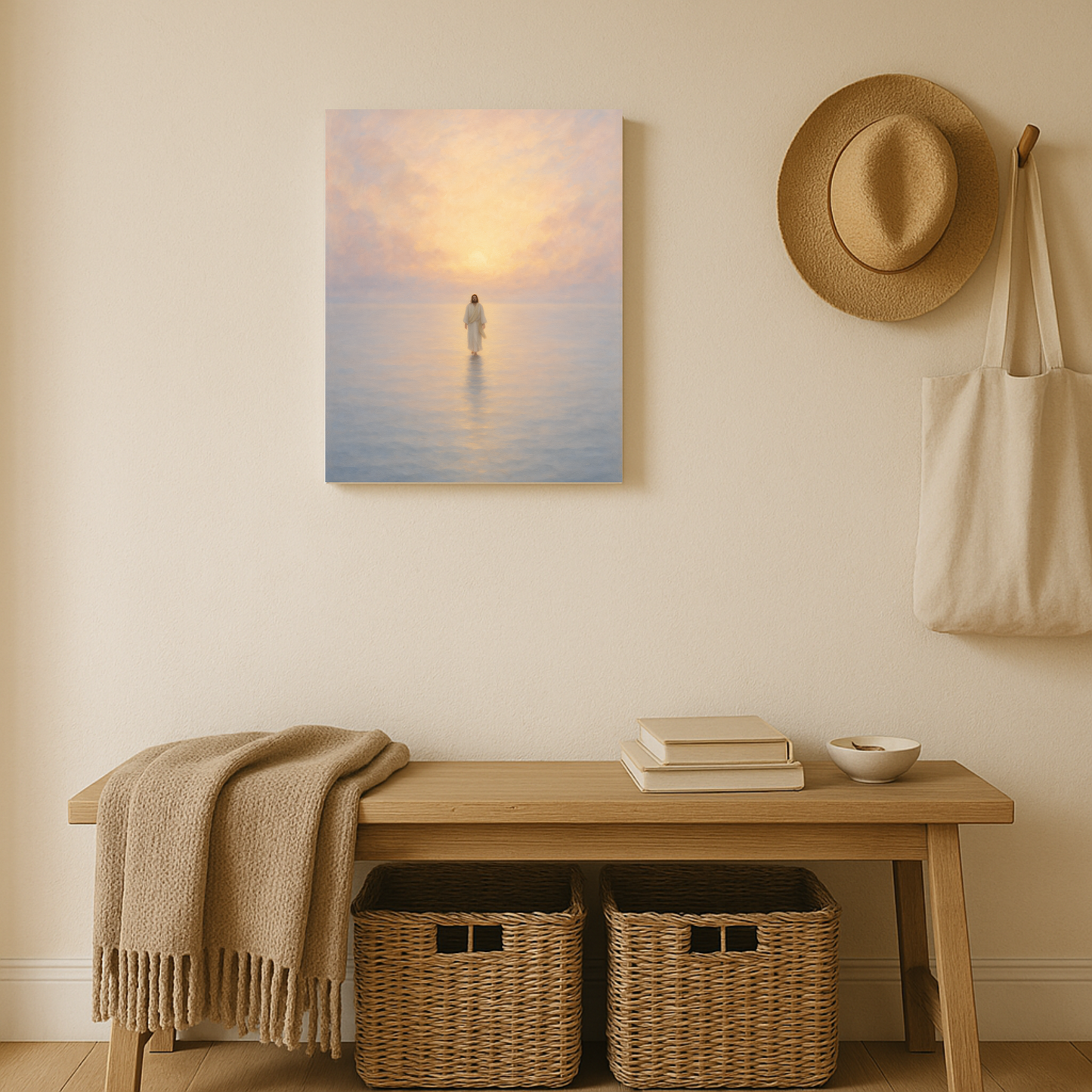 A peaceful Christian canvas of Jesus walking on water at dawn displayed in an entryway.