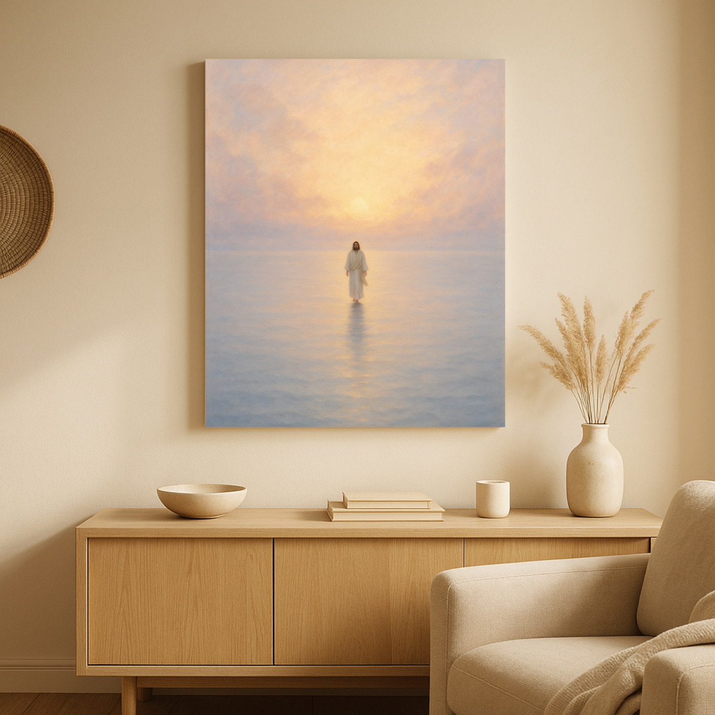 A peaceful Christian canvas of Jesus walking on water at dawn displayed in a living room.