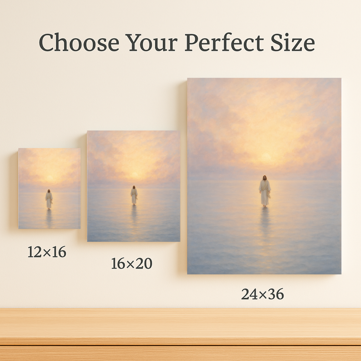 A peaceful Christian canvas of Jesus walking on water at dawn shown in 12x16, 16x20, and 24x36.