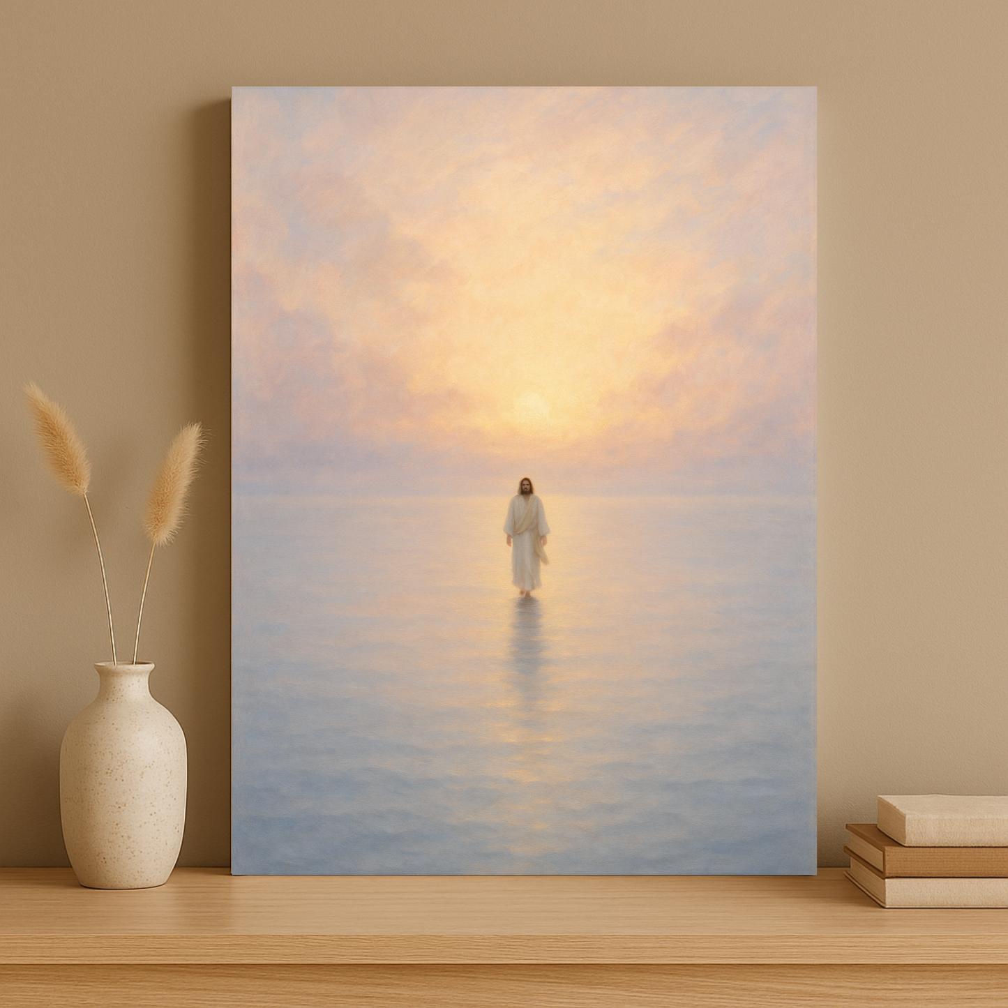 Jesus walking on still water at sunrise – minimalist Christian canvas wall art in soft pastel tones