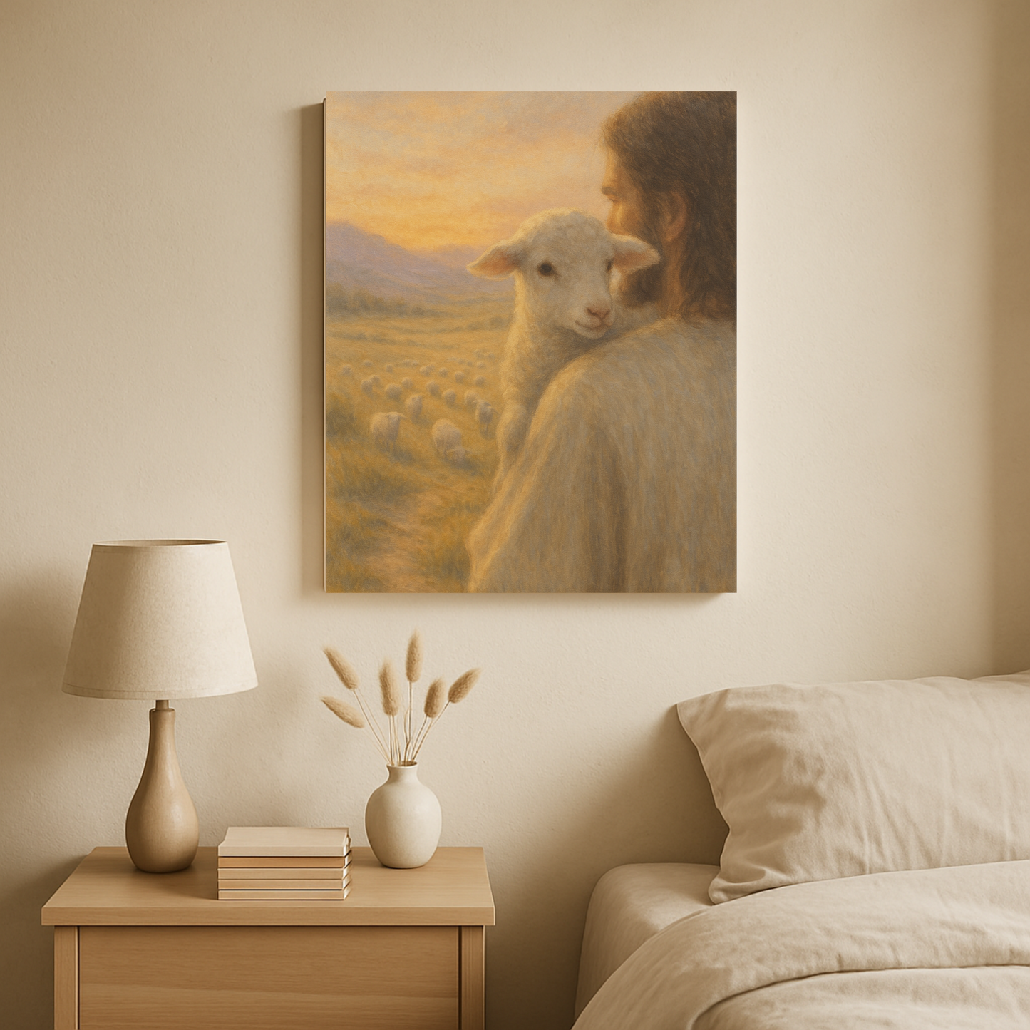 Canvas of the view from lamb on Jesus’ shoulders – Christian canvas print inspired by the Good Shepherd parable displayed in a bedroom.