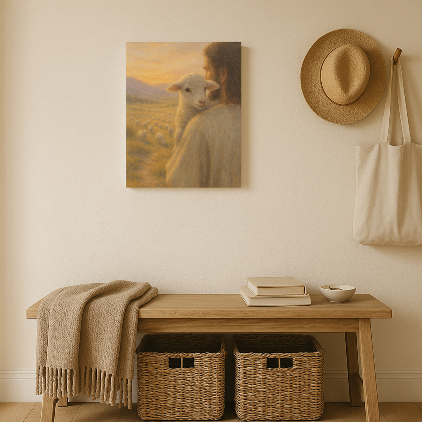 Canvas of the view from lamb on Jesus’ shoulders – Christian canvas print inspired by the Good Shepherd parable shown in an entryway.