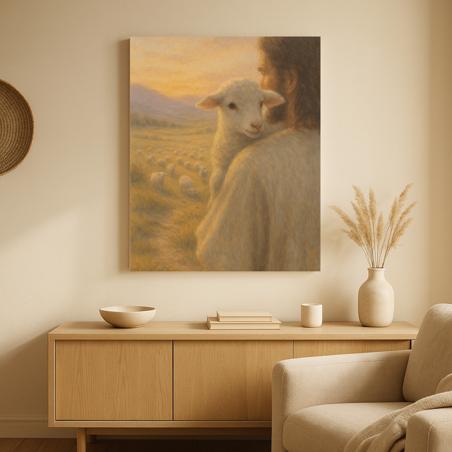 Canvas of view from lamb on Jesus’ shoulders – Christian canvas print inspired by the Good Shepherd parable in living room.