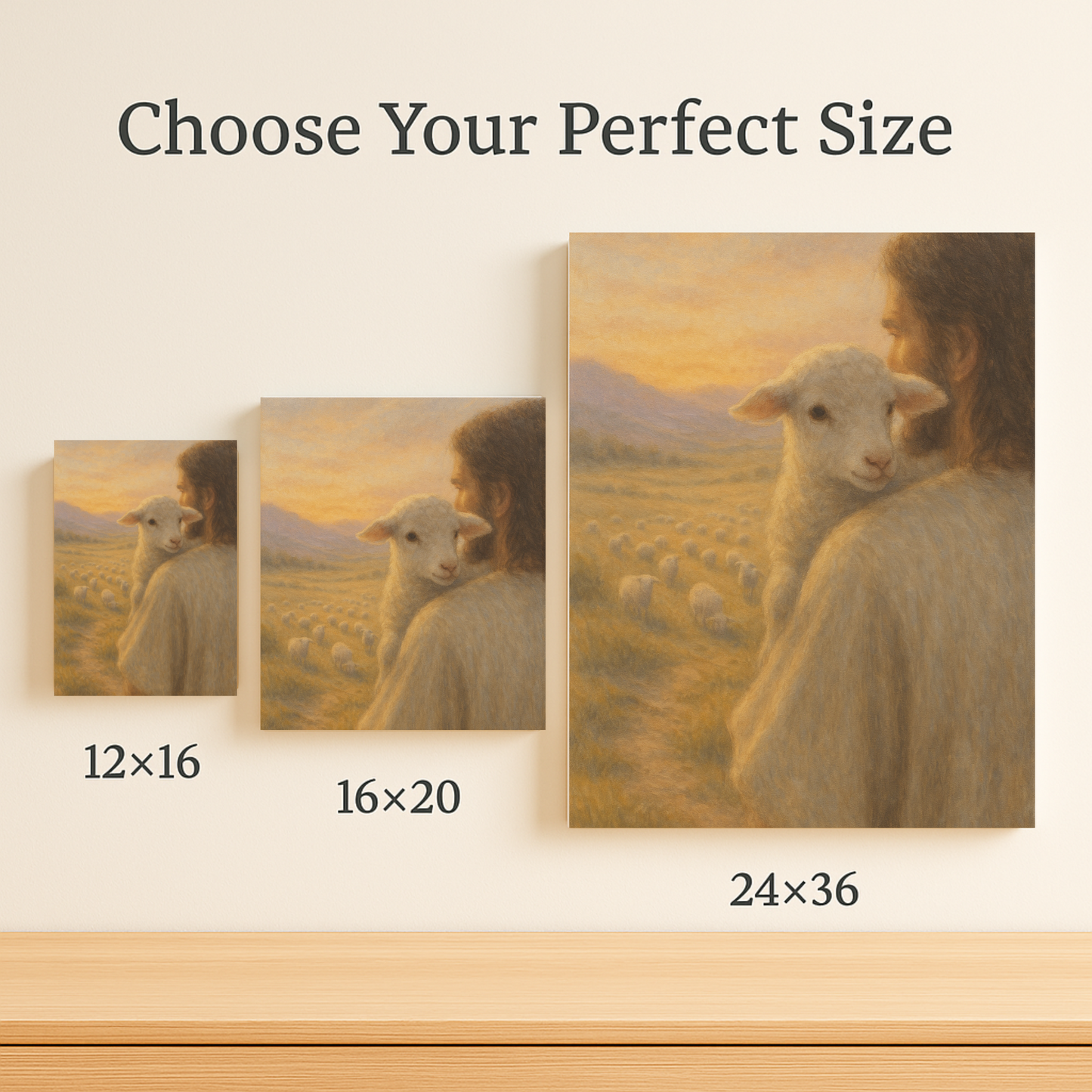 Canvas of view from lamb on Jesus’ shoulders – Christian canvas print inspired by the Good Shepherd parable shown in 12x16, 16x20, & 24x36.