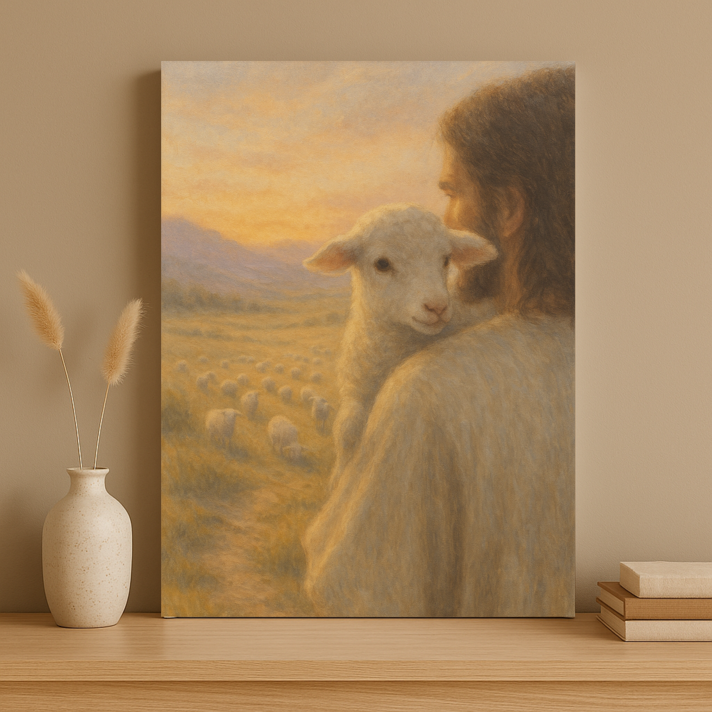 View from lamb on Jesus’ shoulders – Christian canvas print inspired by the Good Shepherd parable