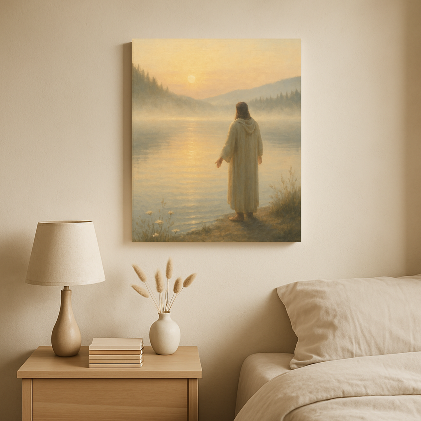 Bedroom interior with a canvas of Jesus by a lake over a lamp and books on a nightstand.