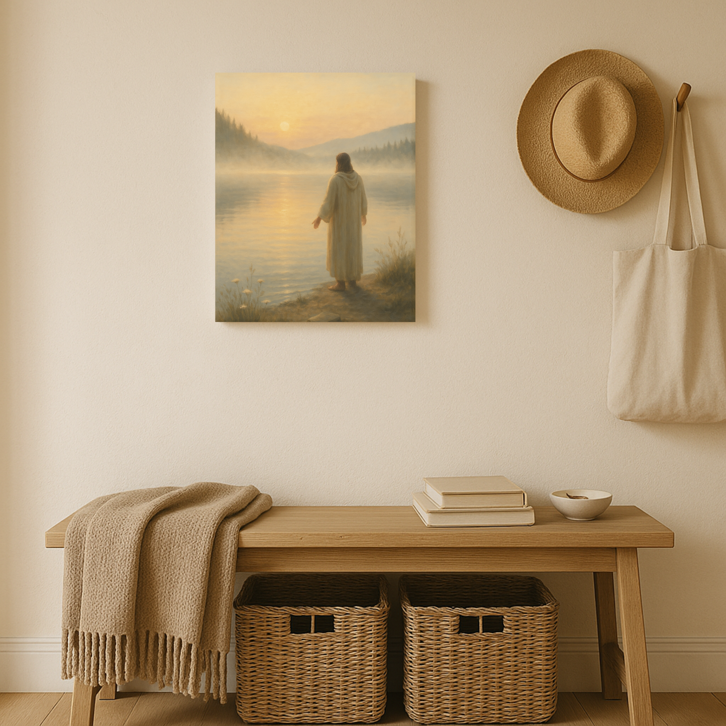 Entryway with a wooden bench, woven baskets, a canvas of Jesus by a lake next to a hat and a bag hanging on the wall.