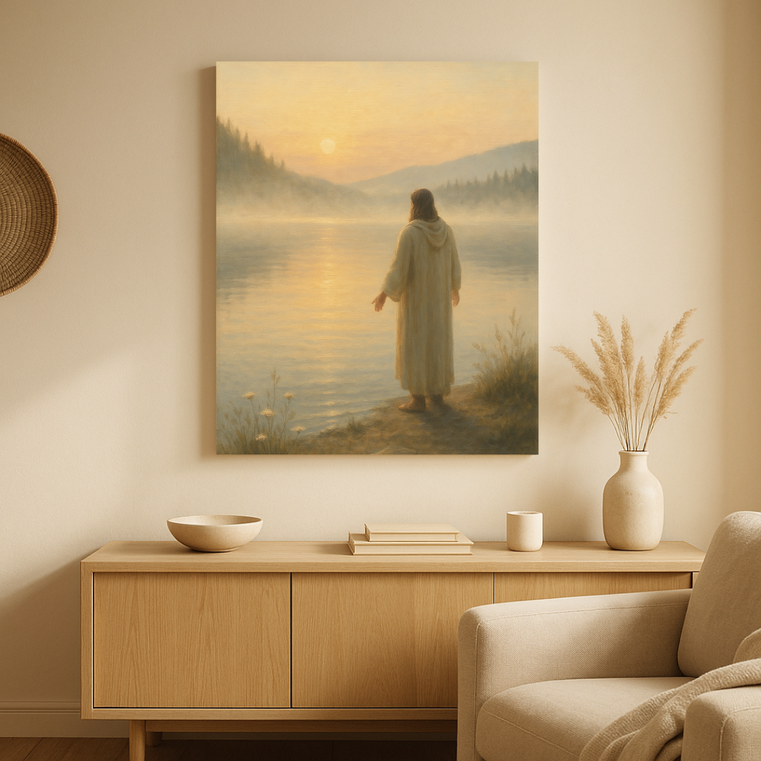 Jesus by the water canvas in a living room over a wooden cabinet, and armchair.