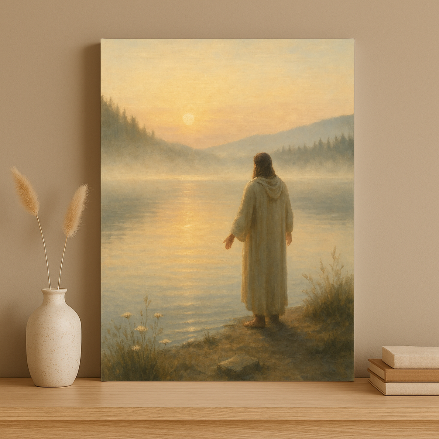 Canvas print of Jesus standing by the water placed a wooden shelf between books and a vase.