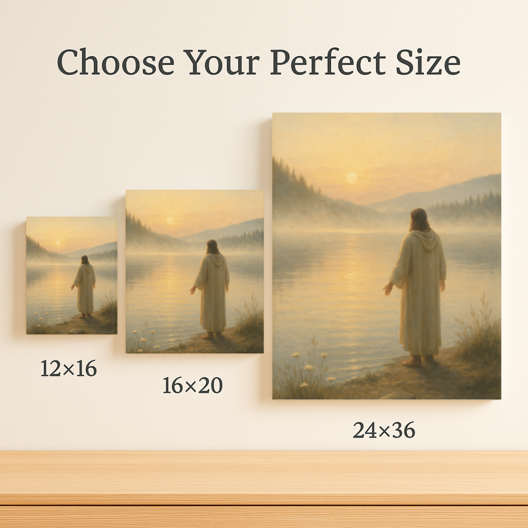Shepherd in the stillness canvas shown in 12x16, 16x20, and 24x36 for size comparison