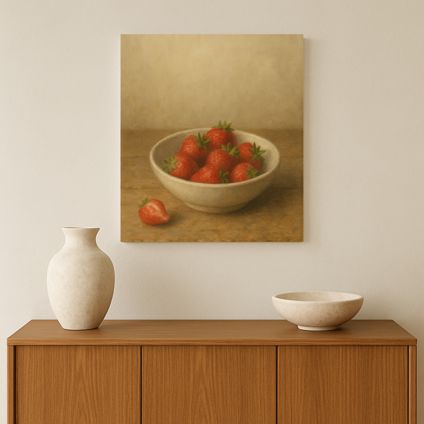 Bowl of strawberries on a wall above a wooden cabinet with a vase and another bowl.