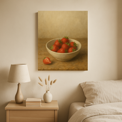 Bowl of strawberries canvas above a wooden table with a lamp and books on a side table in a bedroom.