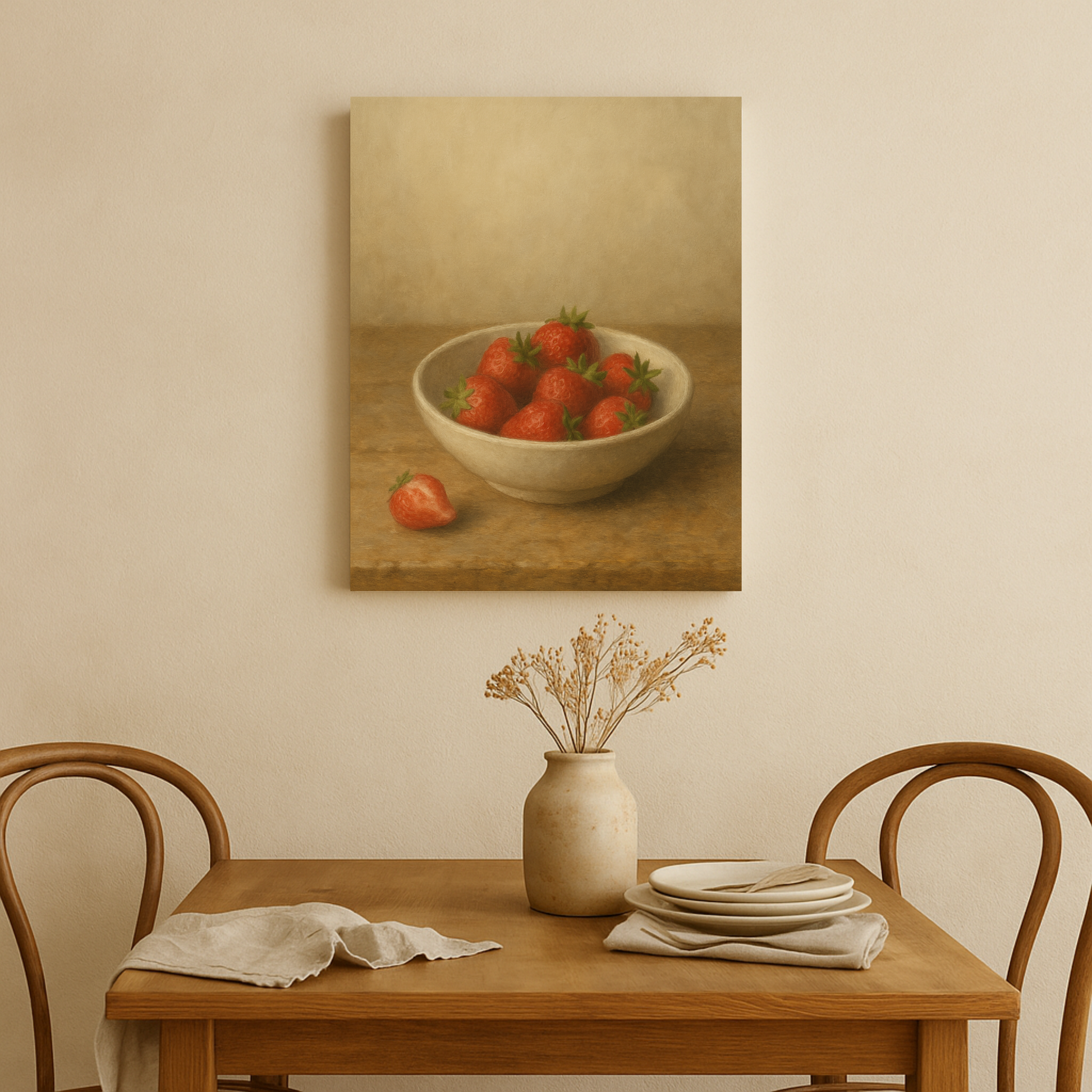 Dining room with a table set for two, a vase with flowers, and a painting of strawberries in a bowl on the wall.