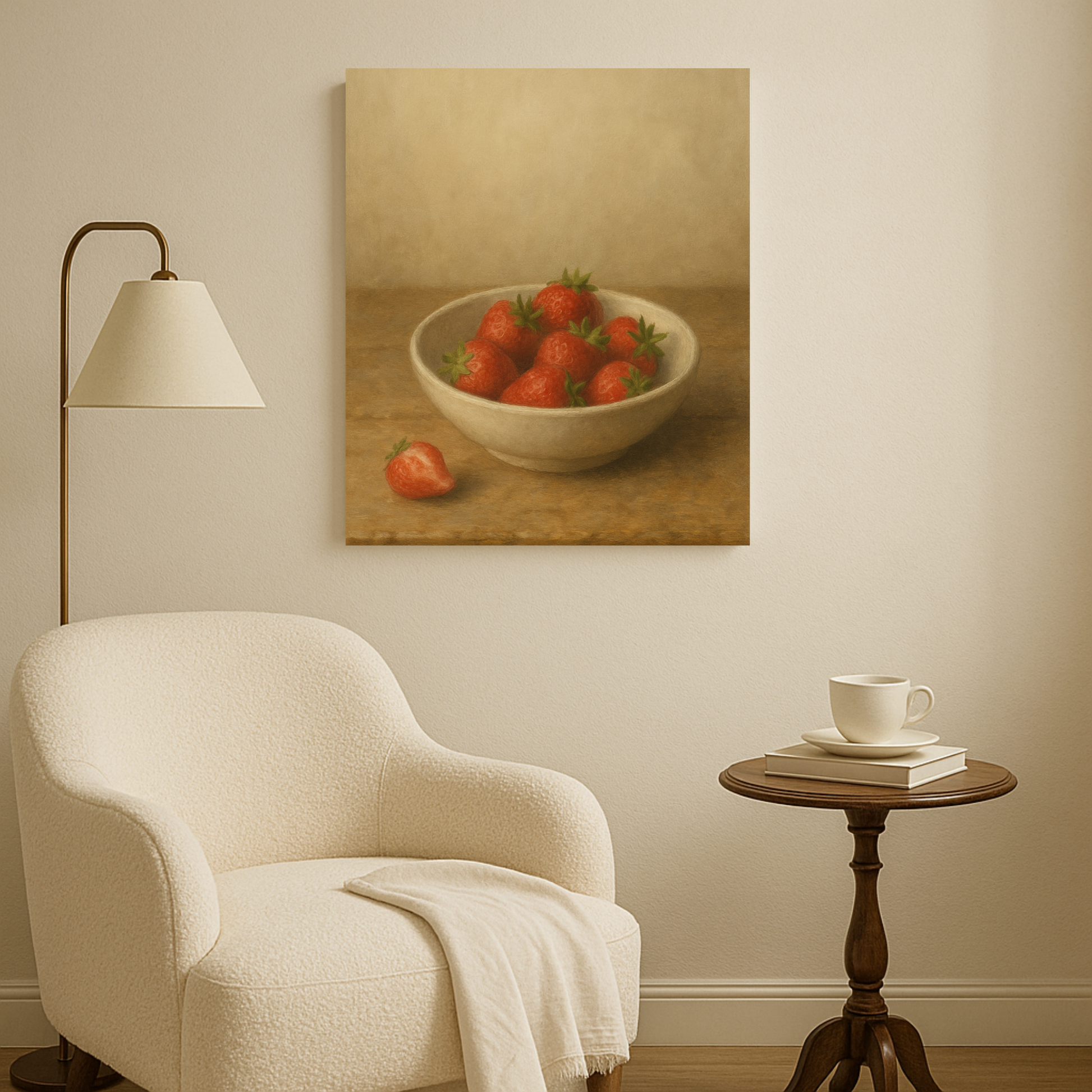 Living room with a beige armchair, wooden side table, and painting of strawberries in a bowl on the wall.