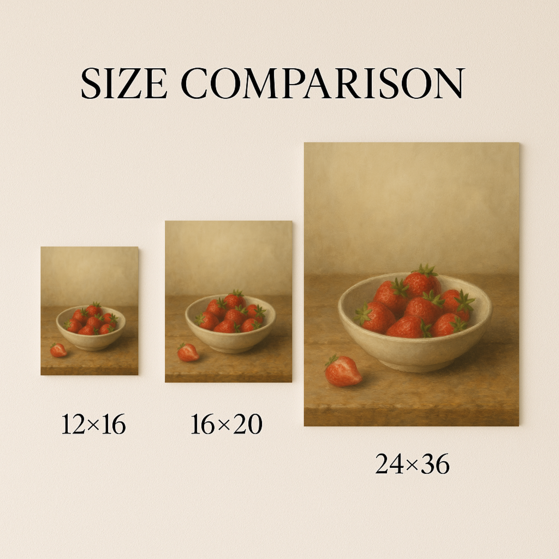 Size comparison chart of a painting of a bowl of strawberries on a beige background.
