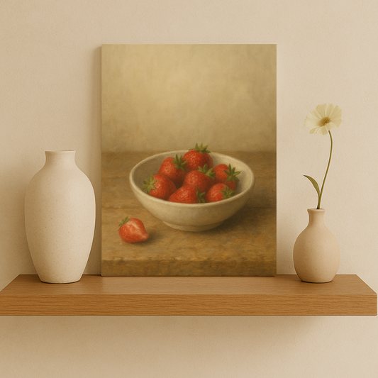 Bowl of strawberries with a vase and flower on a shelf against a beige wall