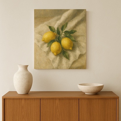 Framed artwork of lemons on a wall above a wooden cabinet with a vase and bowl.
