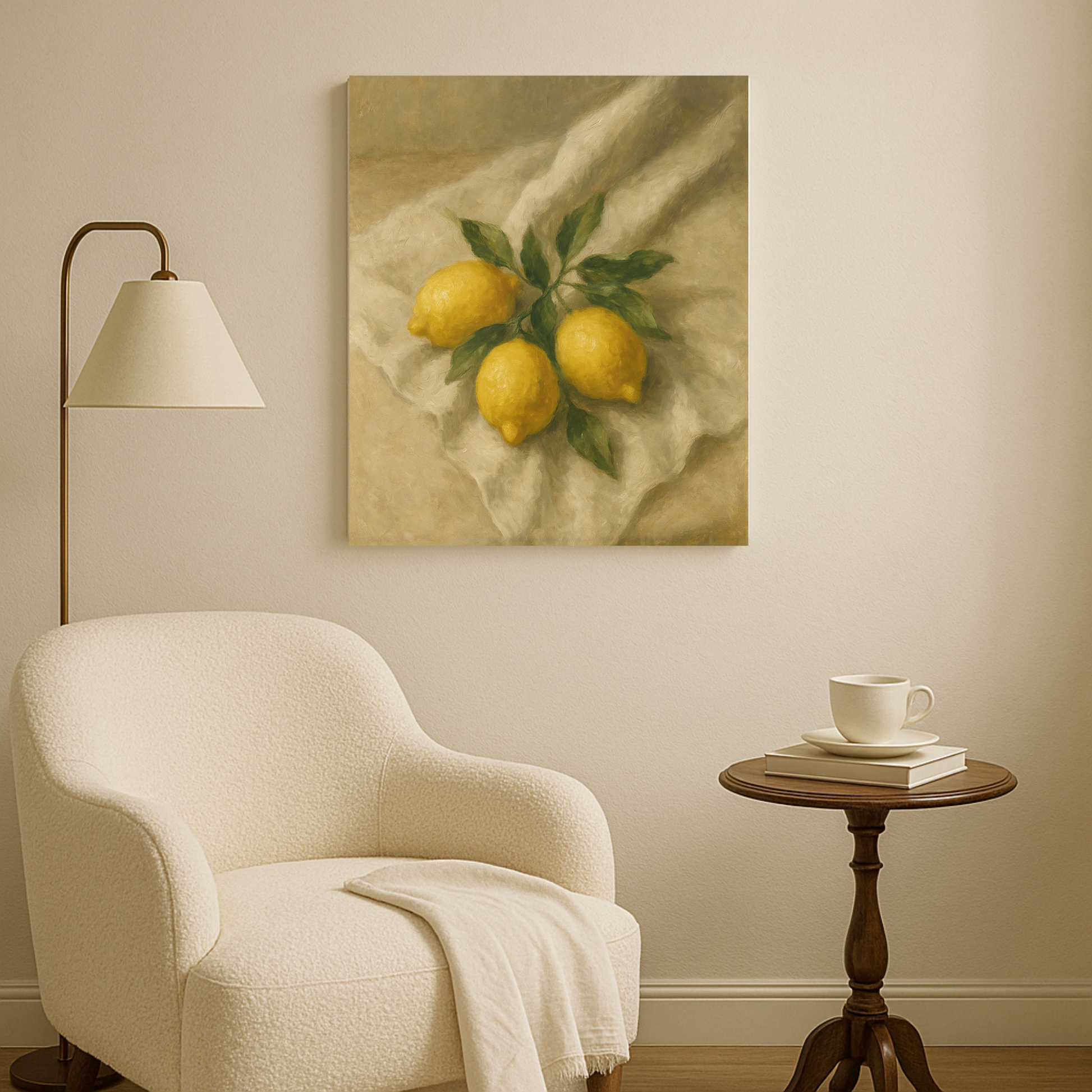 Living room with a beige armchair, wooden side table, and painting of lemons on the wall.