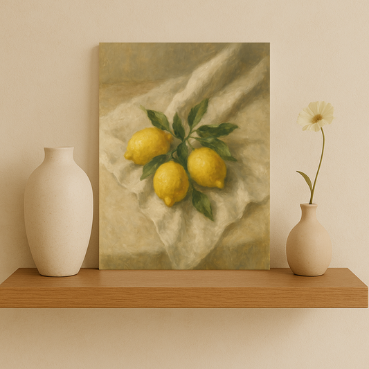 Still life canvas with lemons and linen – vintage kitchen wall art print