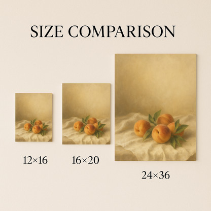 Size comparison of peaches on linen canvas in 12x16, 16x20, and 24x36.