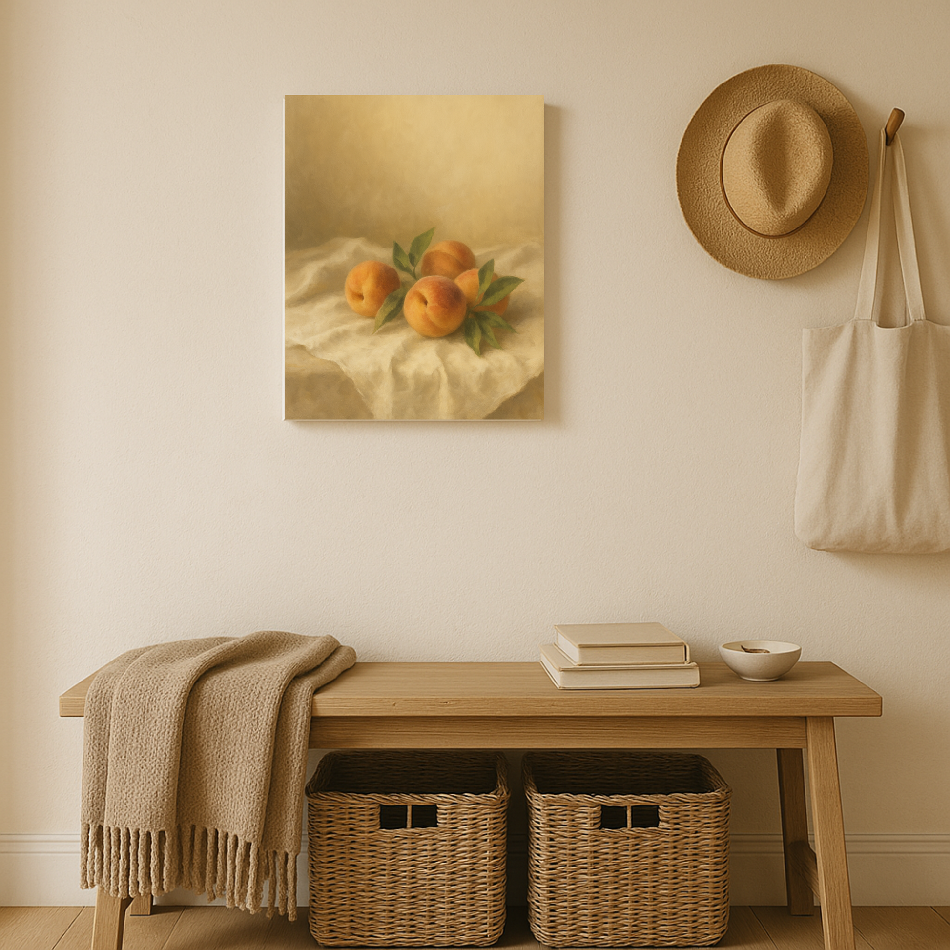 Entryway with a wooden bench, woven baskets, a painting of peaches, a hat, and a bag on a beige wall.